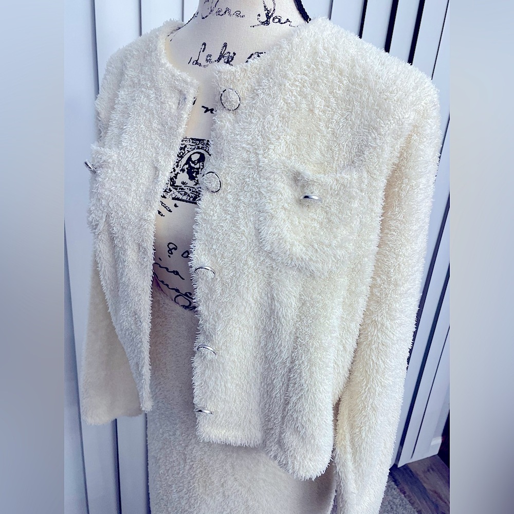Korean fashion fuzzy long-sleeve blazer and midi skirt